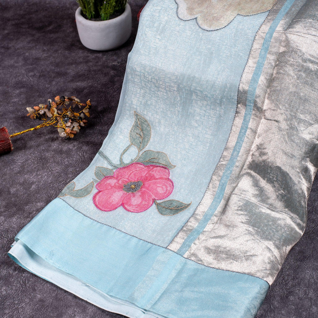 Kora Organza Saree with Floral Digital Print &amp; Hand Embroidery - Kleem Boutique