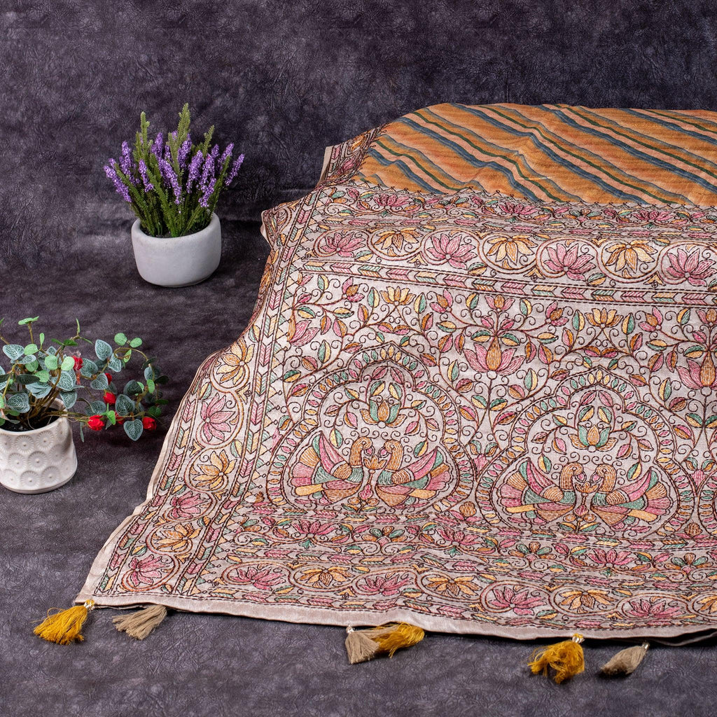 Semi Tussar Silk Saree – Leheriya Design with Kantha Border - Kleem Boutique