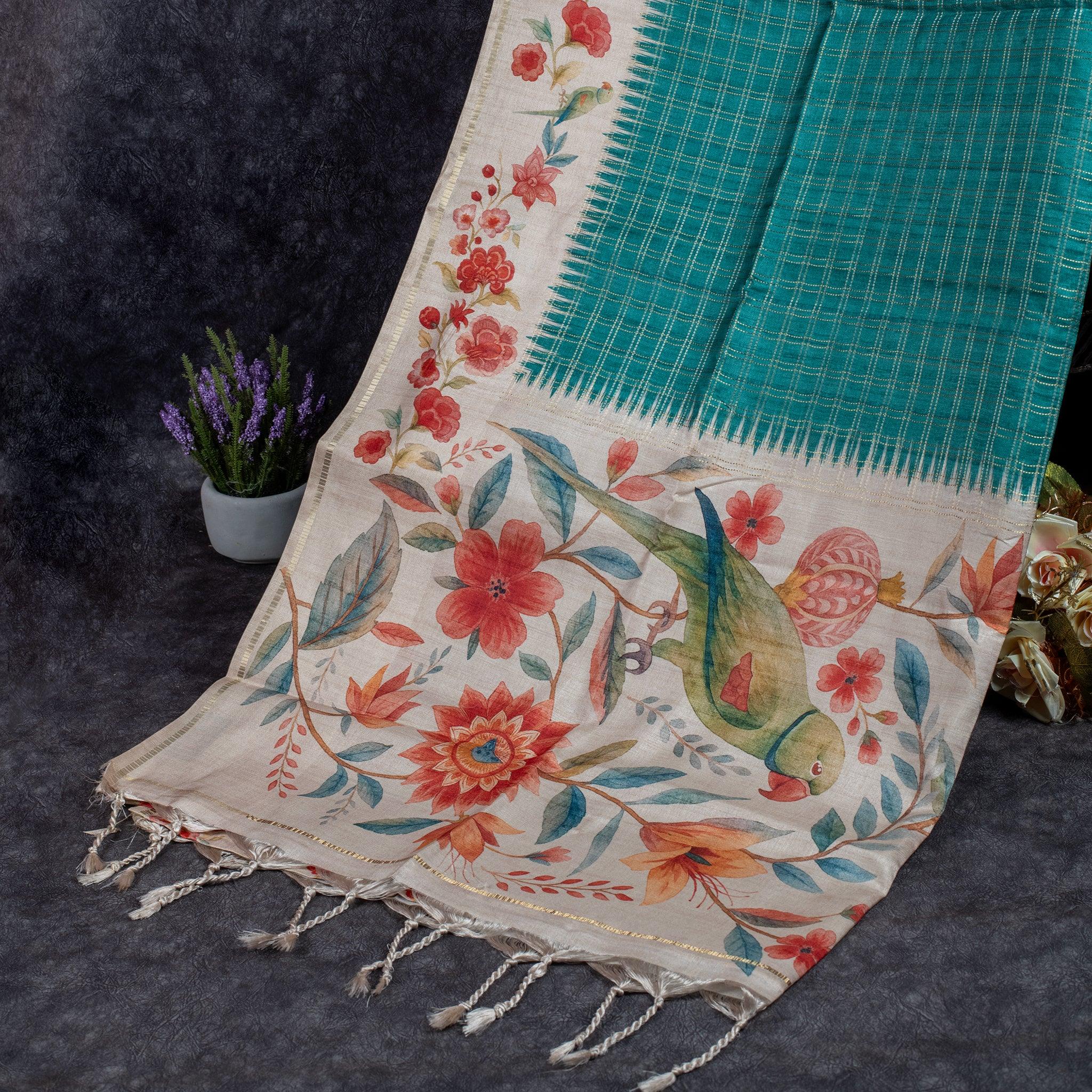 Semi Tussar Silk Saree – Zari Checks with Off-White Floral Pallu Secondary image