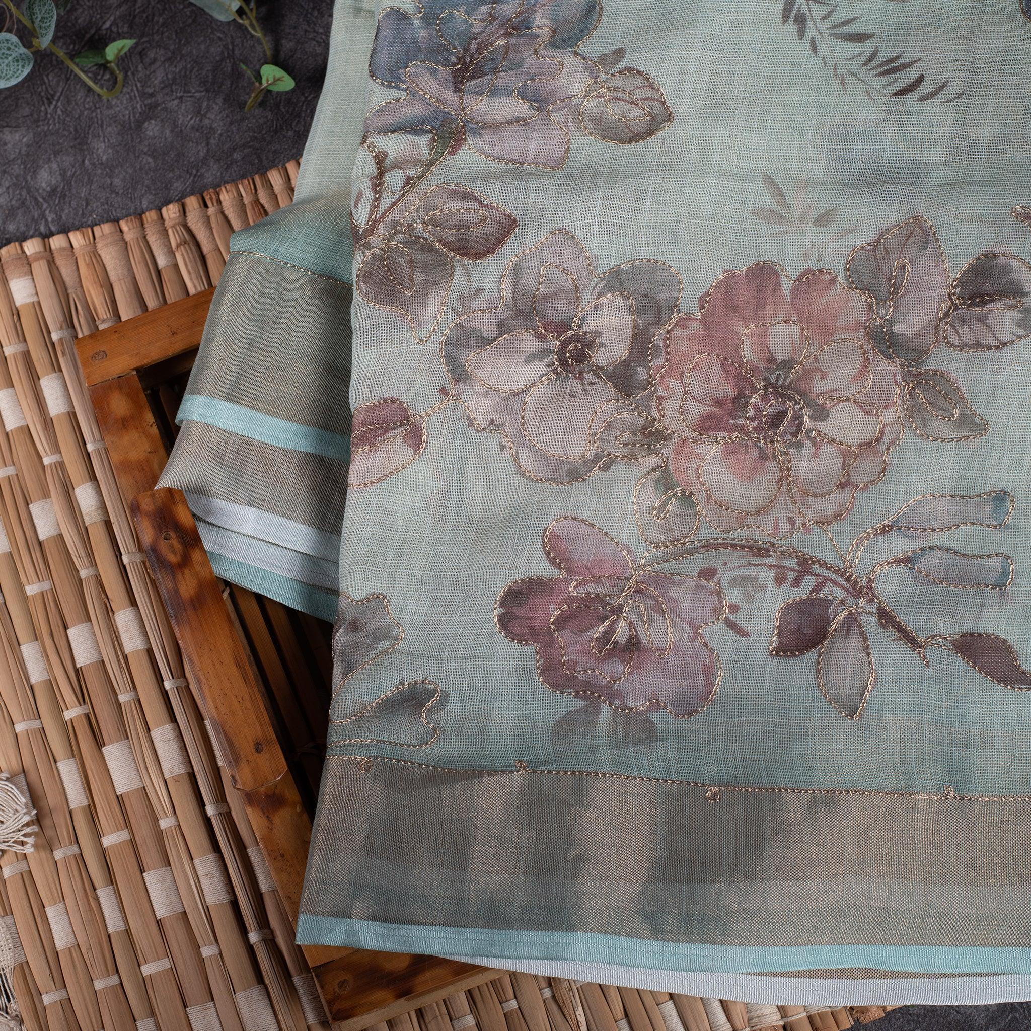 Linen Tissue Silk Saree – Floral Embroidery Highlight -Sea Green - Kleem Boutique