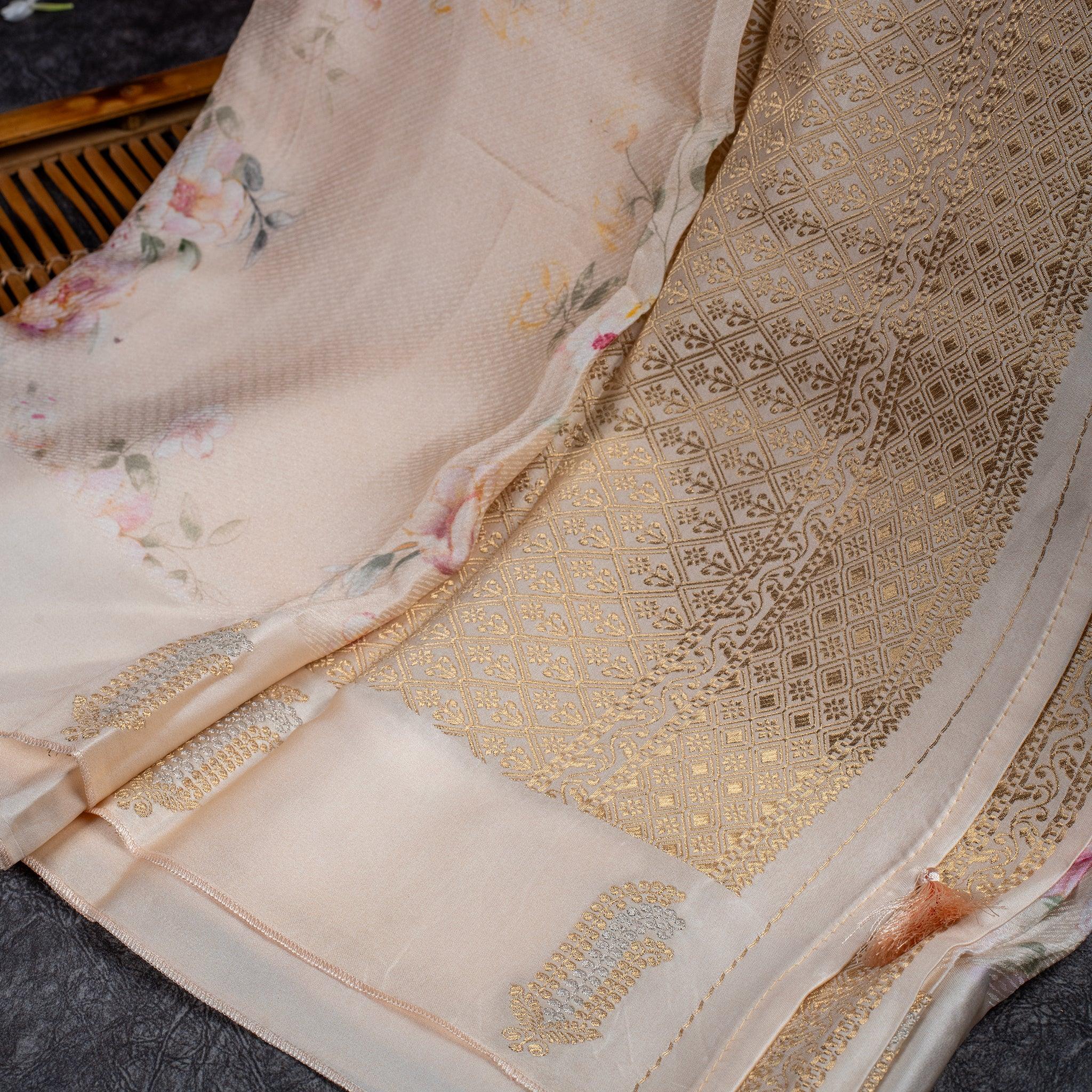Handloom Masaroo Crepe Silk Saree with Digital Prints – Cream Secondary image