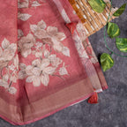 Linen Tissue Silk Saree with Floral Embroidery – Rust Colour - Kleem Boutique