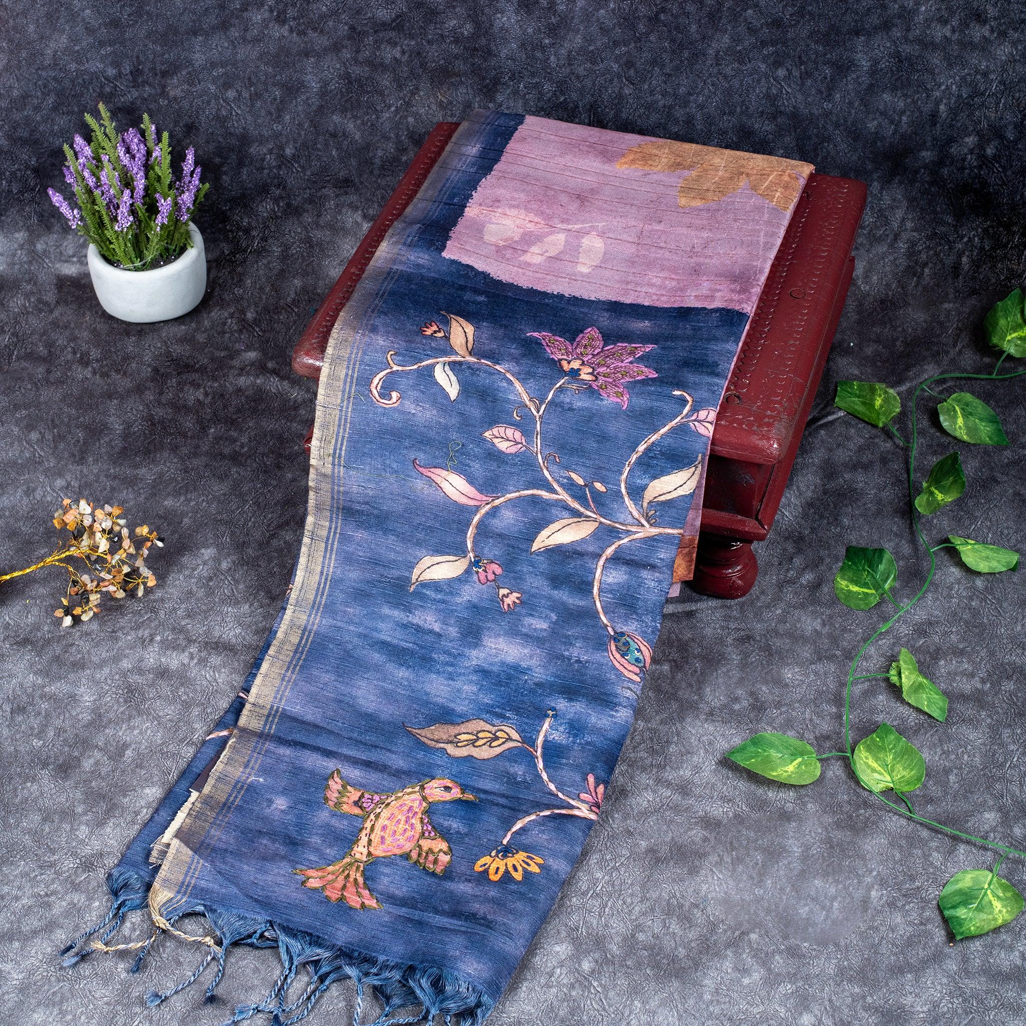Semi Tussar Silk Saree – Eco Digital Floral & Leaf Print Secondary image