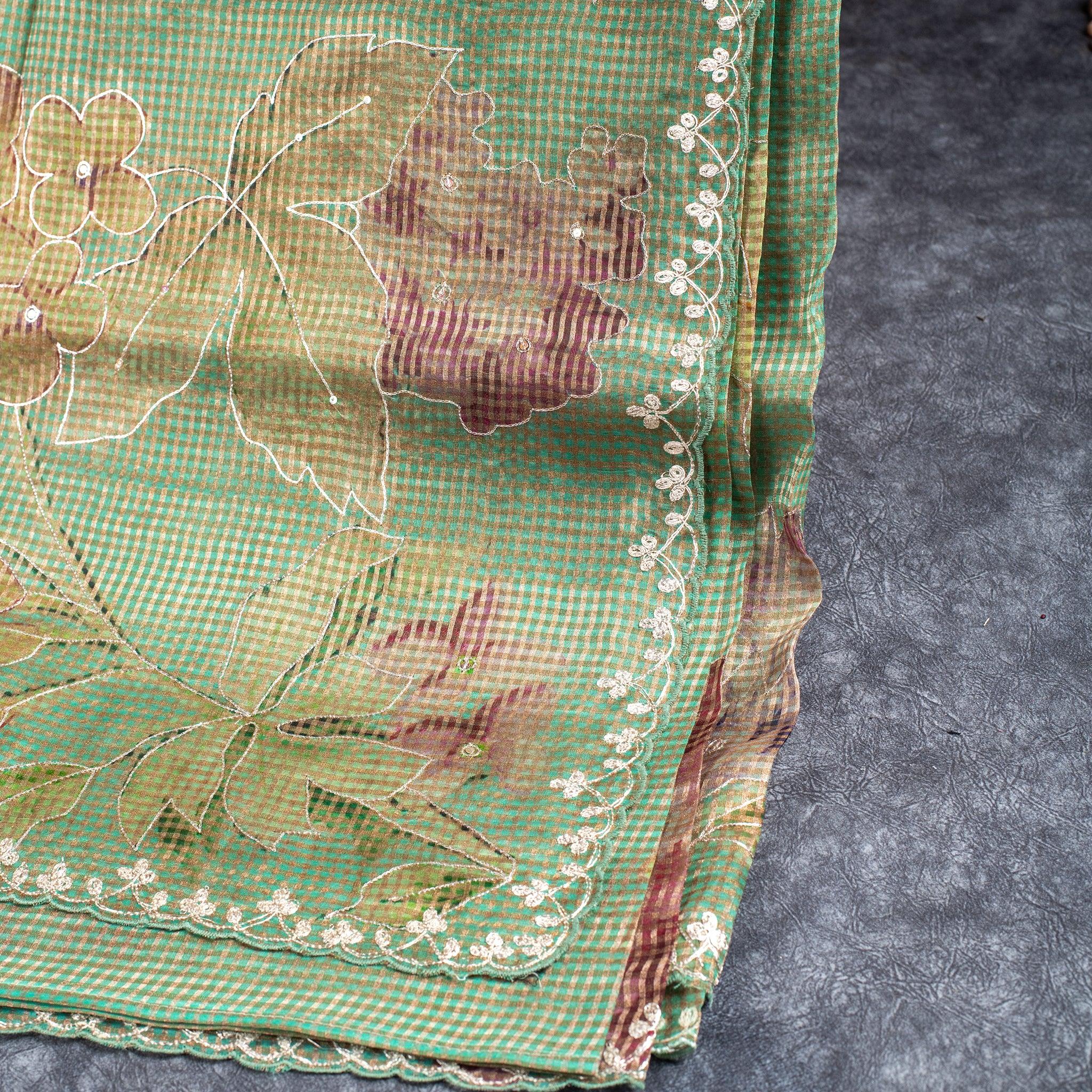 Pure Handloom Tissue Organza Saree with Self Checks, Aari Work & Scallop Border – Sage Green Secondary image