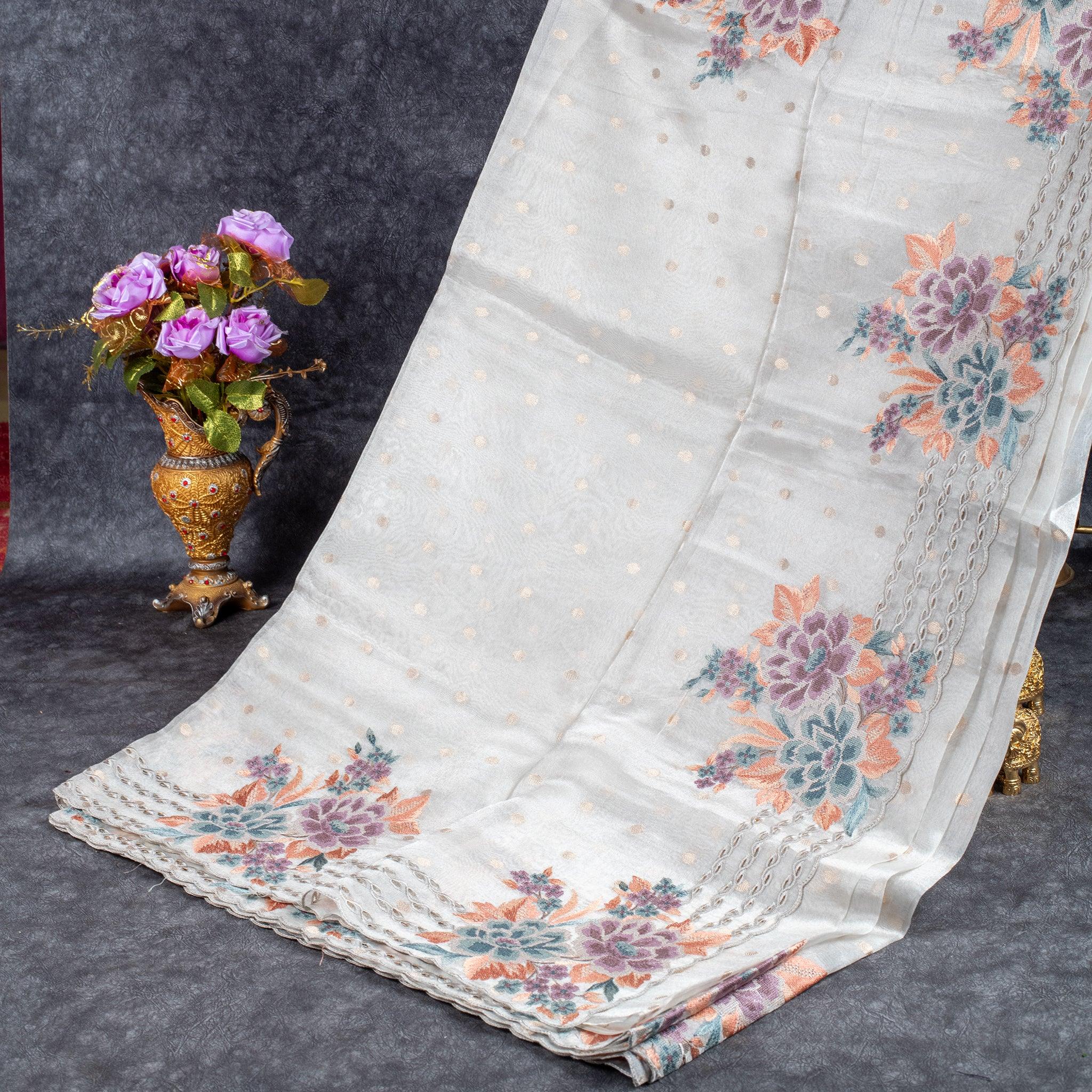 Tissue Kora Saree with Zari Butti & Floral Cutwork Border – Silver - Kleem Boutique