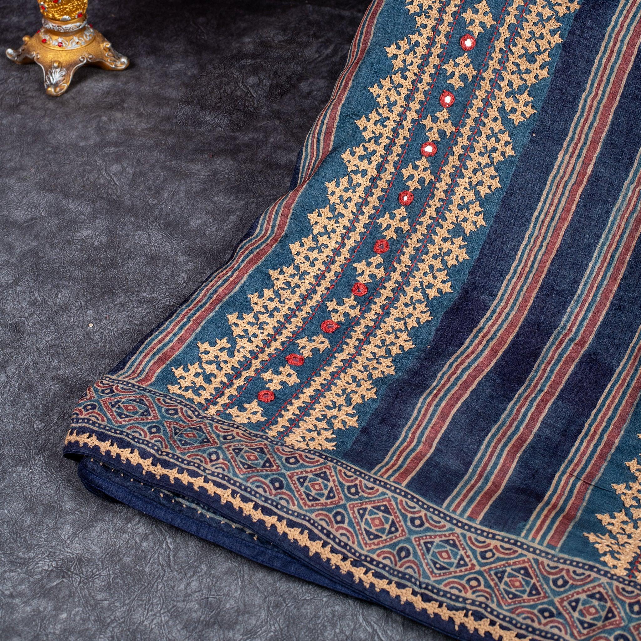 Pure Handloom Tussar Ajrakh Saree with Kutch Embroidery – Indigo Blue Secondary image