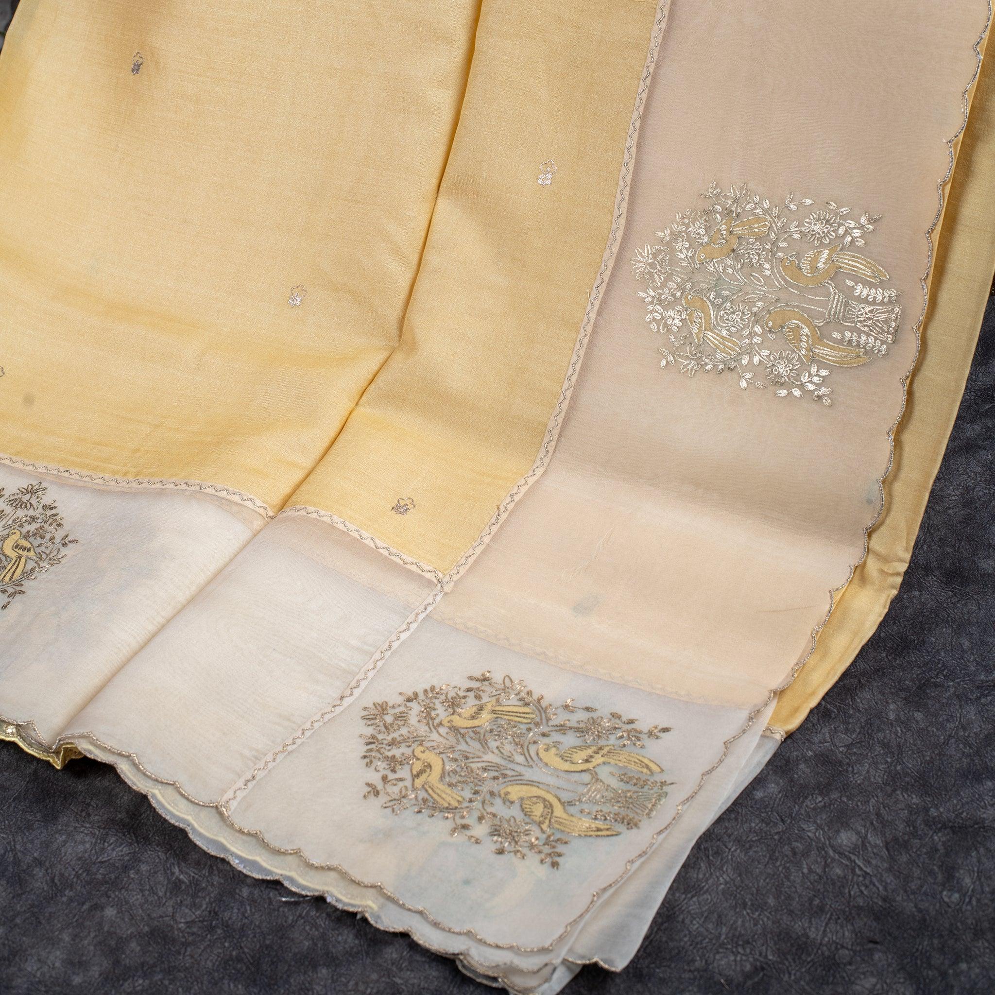 Pure Tussar Silk Saree with Organza Border & Pitta Work – Pale Yellow Secondary image