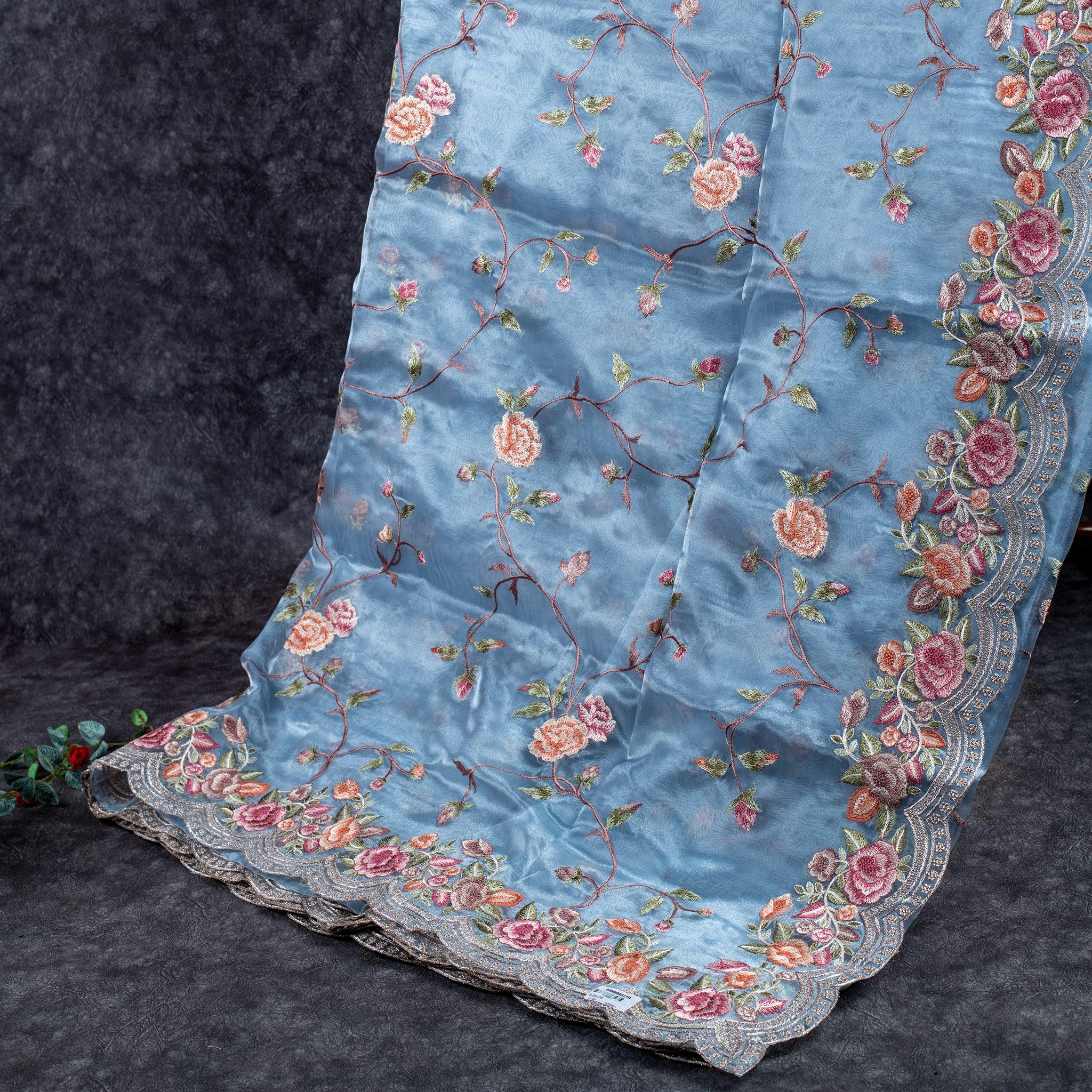 Tissue Kora Saree with Floral Embroidery Work - Powdered Blue Secondary image
