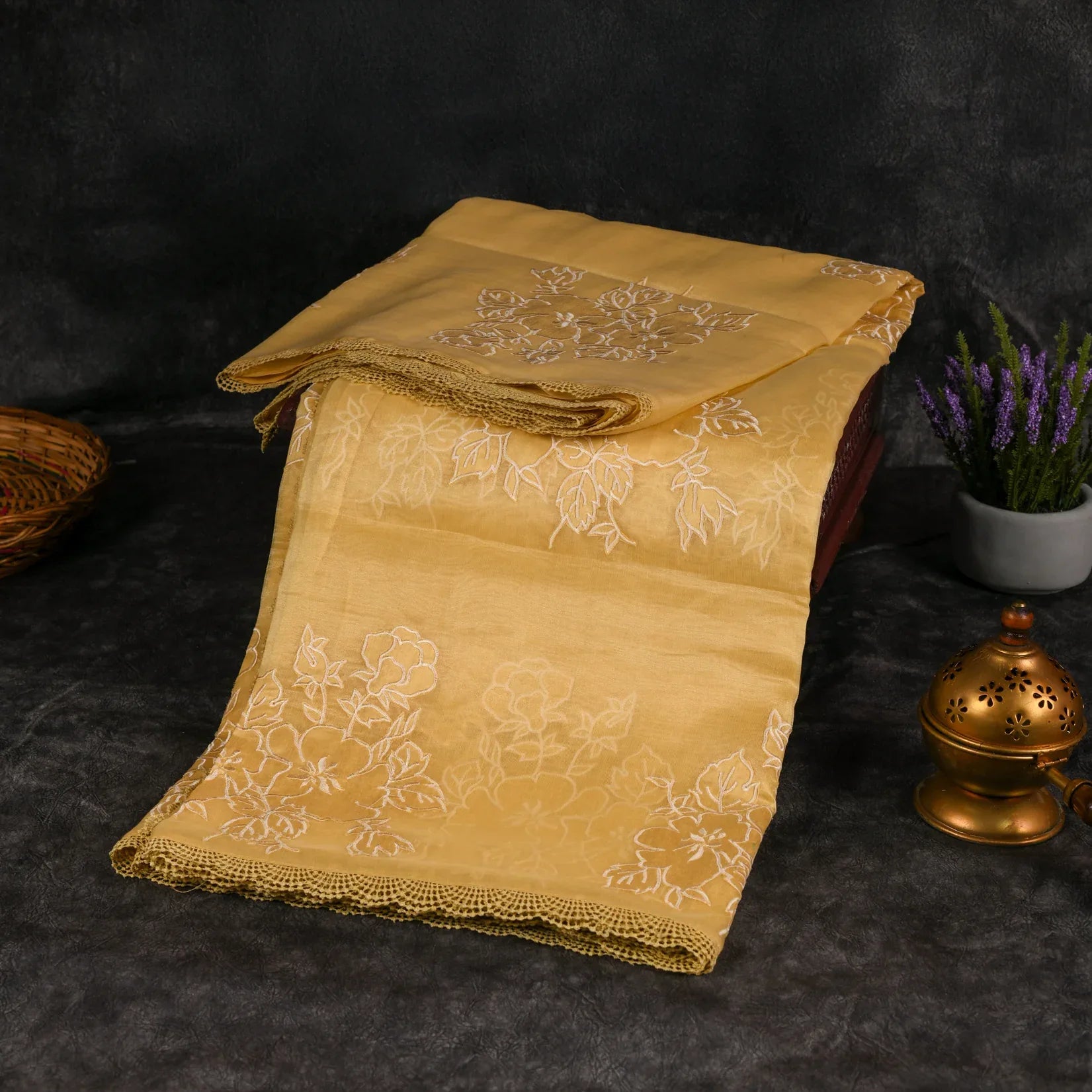 Soft Tissue Organza Pale Yellow Saree with Floral Applique &amp; Crochet Lace Border Secondary image