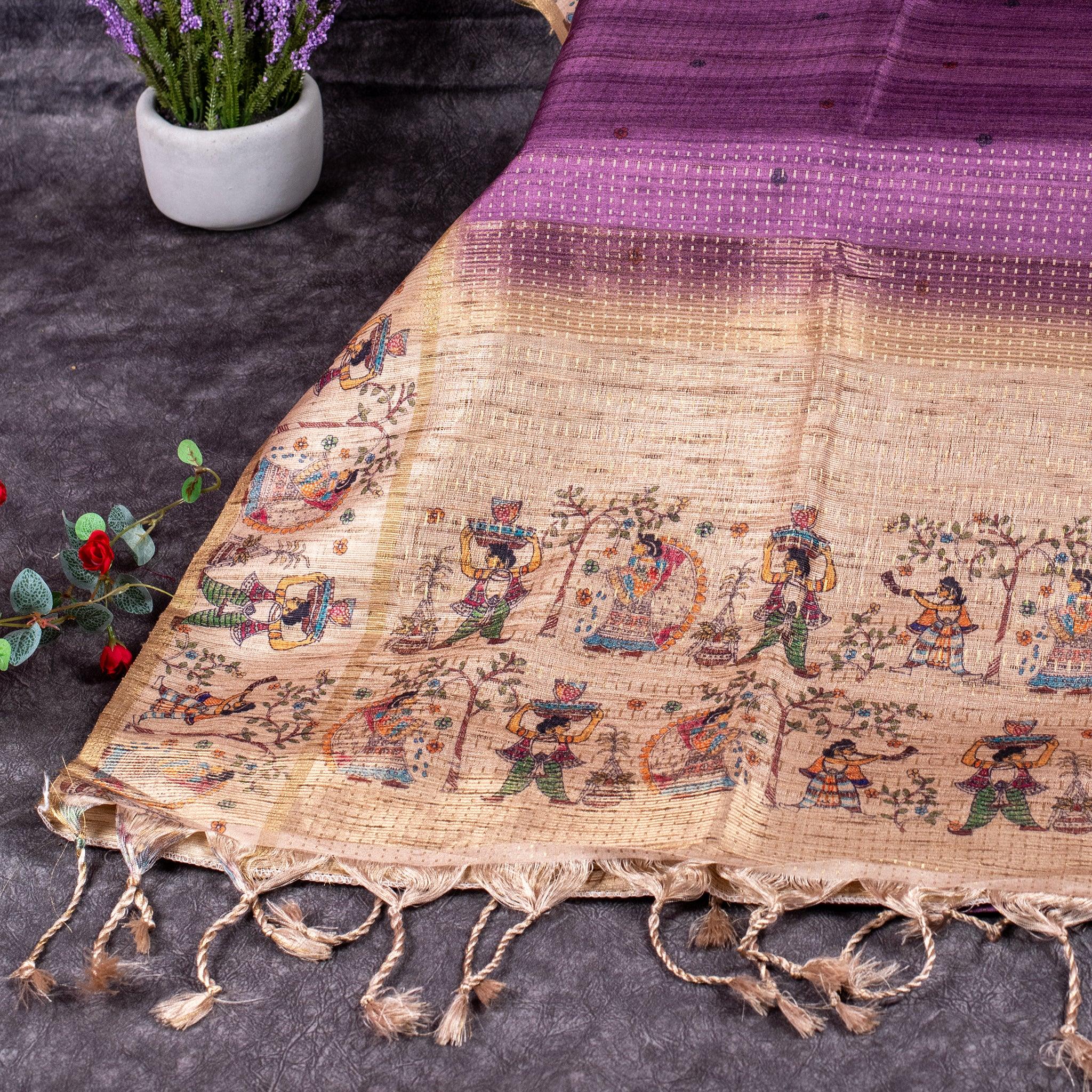 Semi Tussar Silk Saree – Zari Dotted Lines with Madhubani Pallu Secondary image