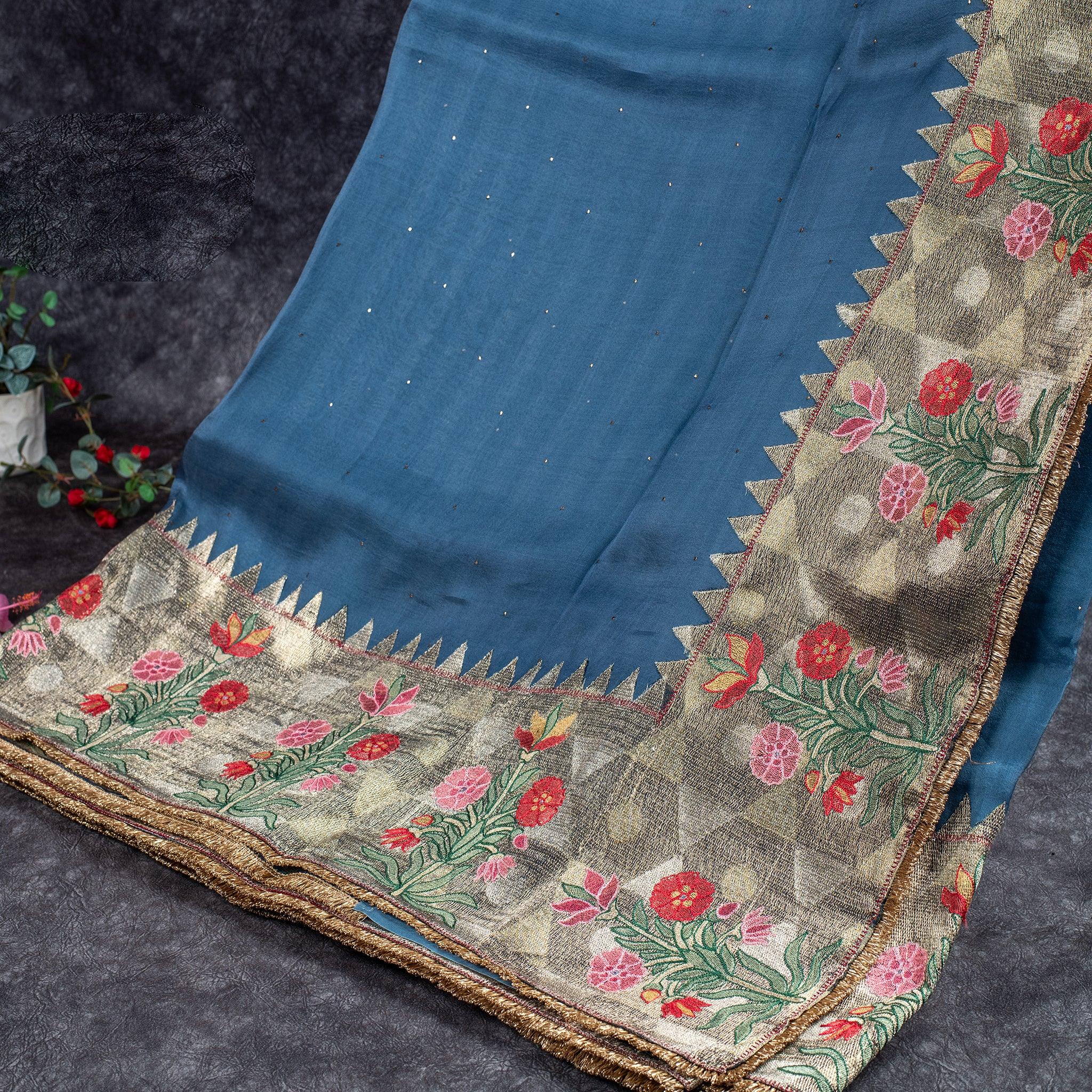 Pure Handloom Banarasi Kora Saree with Mukesh Work – Slate Grey Secondary image