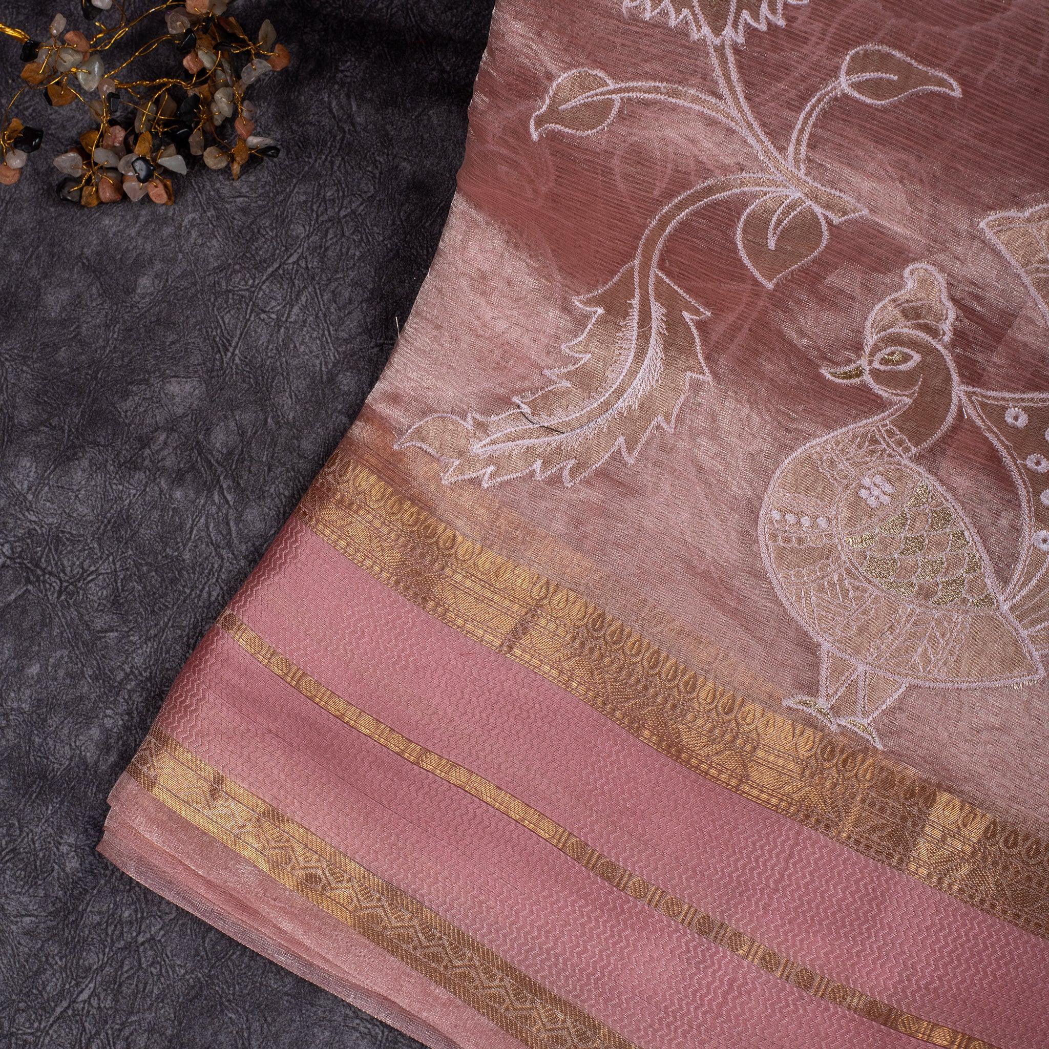 Pure Handloom Blush Pink Tissue Organza Saree – Peacock Appliqué Secondary image