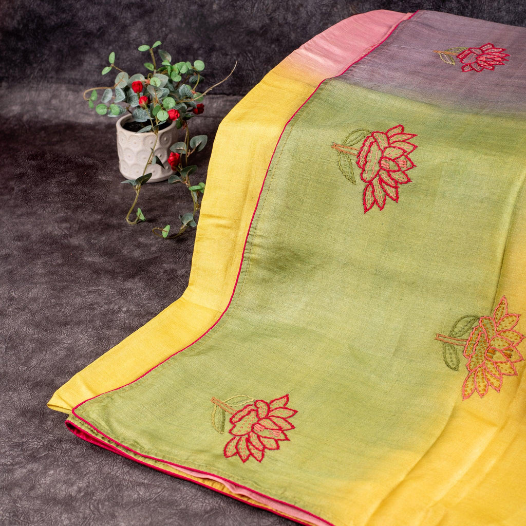 Pure Handloom Tussar Silk Multicolour Saree with Kantha Embroidery & Floral Border - Kleem Boutique