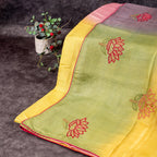 Pure Handloom Tussar Silk Multicolour Saree with Kantha Embroidery & Floral Border - Kleem Boutique