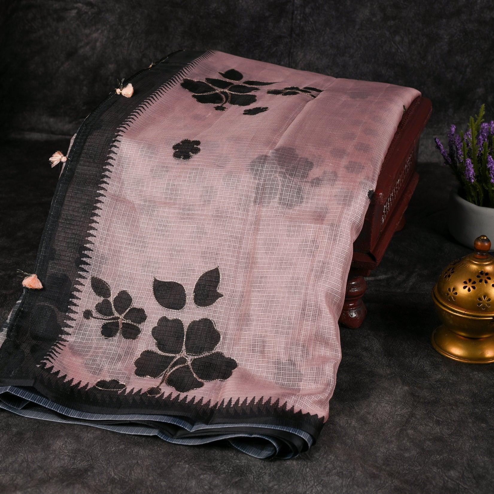 Semi Silk Kota Peach Saree with Black Floral Digital Print Secondary image