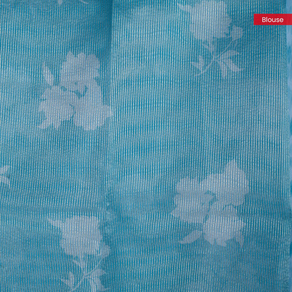 Organza Saree with Digital Print & Flamingo Embroidered Border - Sky Blue - Kleem Boutique