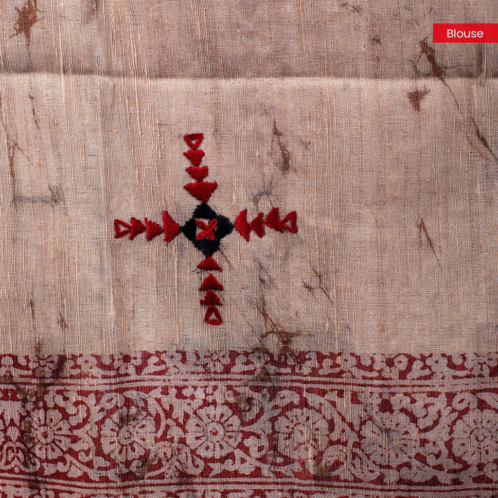 Semi Tussar Silk Saree – Dabu Print with Kantha Work Pallu - Kleem Boutique