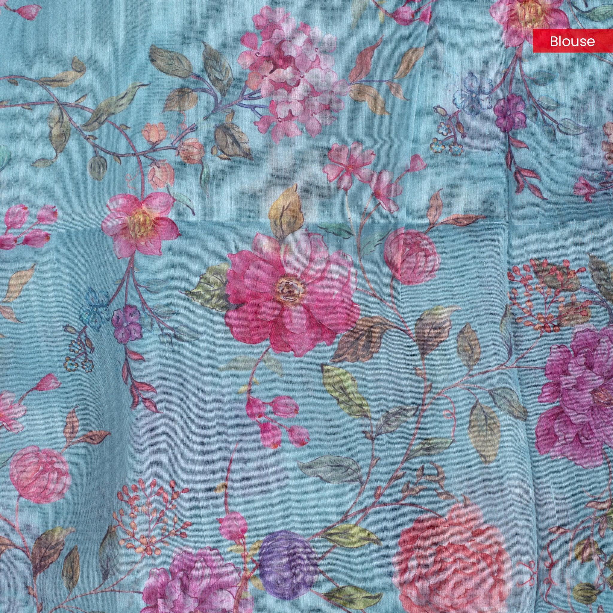 Matka Silk Saree with Floral Printed Border – Sea Green - Kleem Boutique