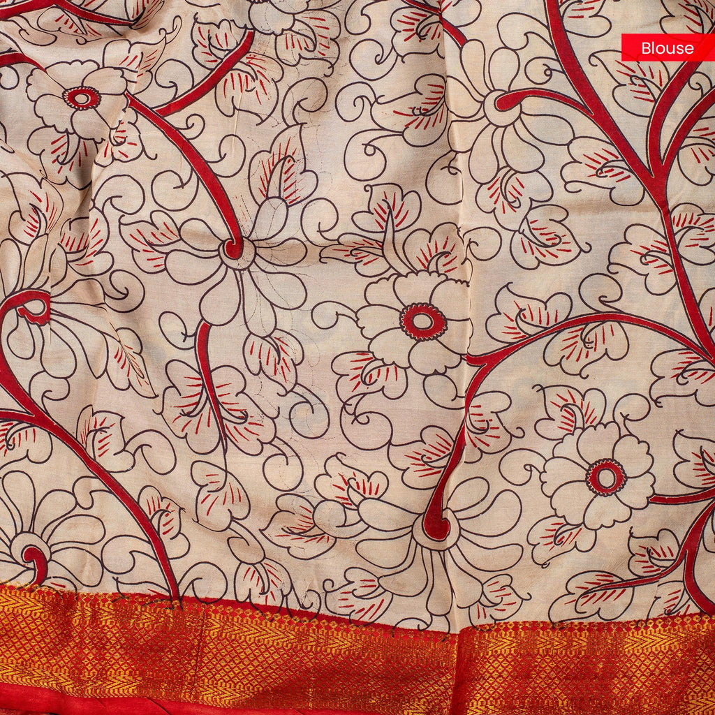 Pure Handloom Nizam Border Silk Saree with Kalamkari Print - Pale yellow with Off White - Kleem Boutique