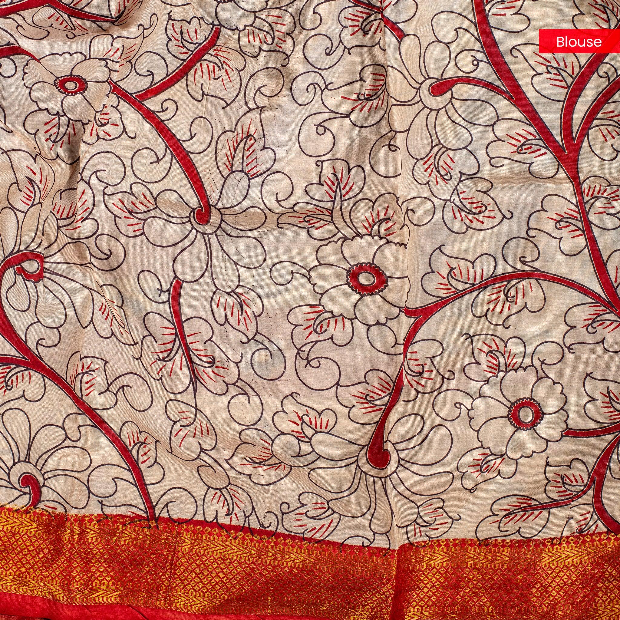 Pure Handloom Nizam Border Silk Saree with Kalamkari Print - Pale yellow with Off White - Kleem Boutique