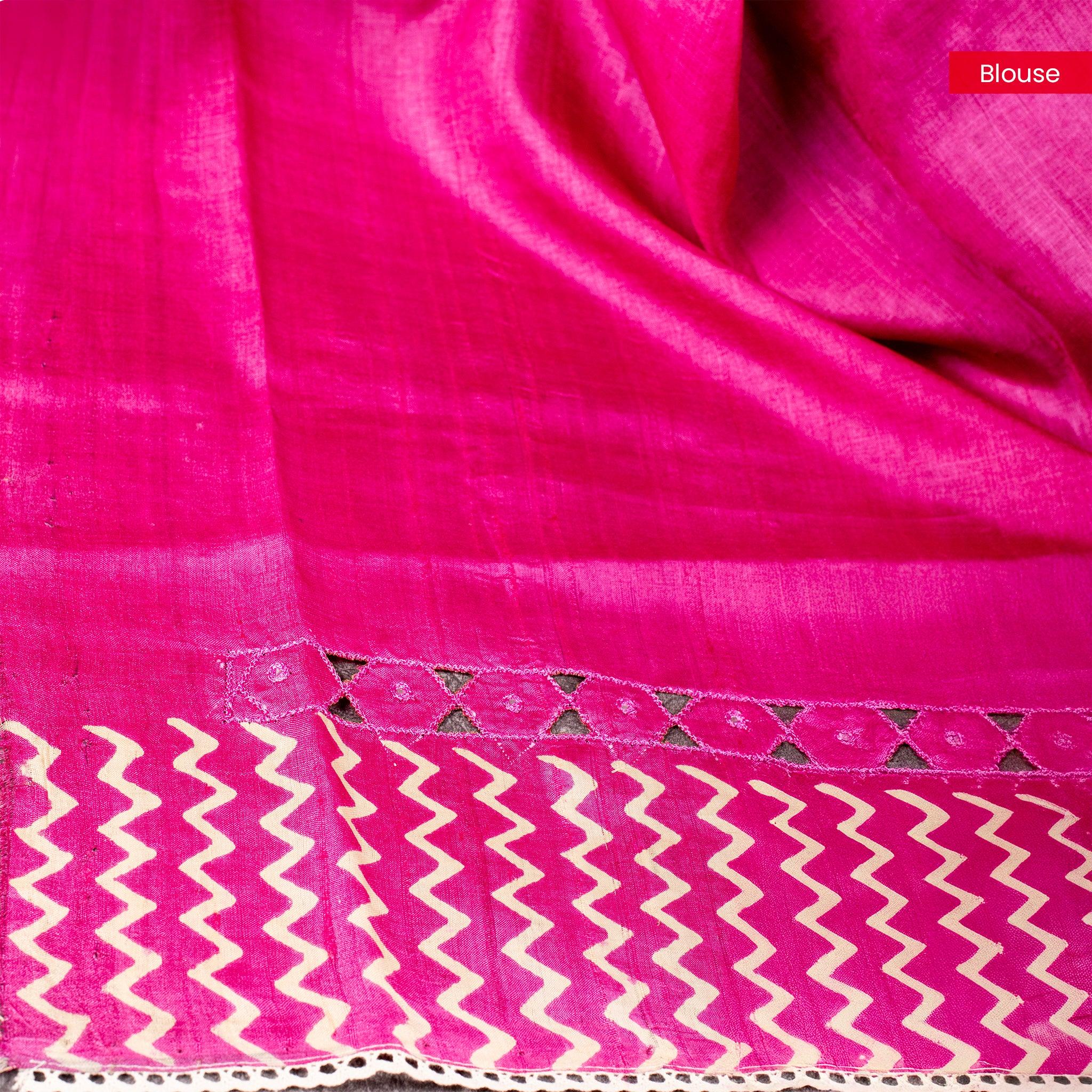Pure Handloom Tussar Silk Pink Saree with Digital Print, Mirror Work & Cutwork Pallu - Kleem Boutique