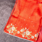 Pure Handloom Tussar Silk Deep Maroon Saree with Floral Digital Print & Mirror Work - Kleem Boutique