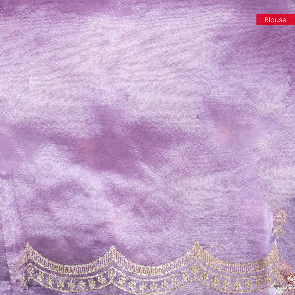 Tissue Kora Saree with Floral Embroidery Work - Lavender - Kleem Boutique