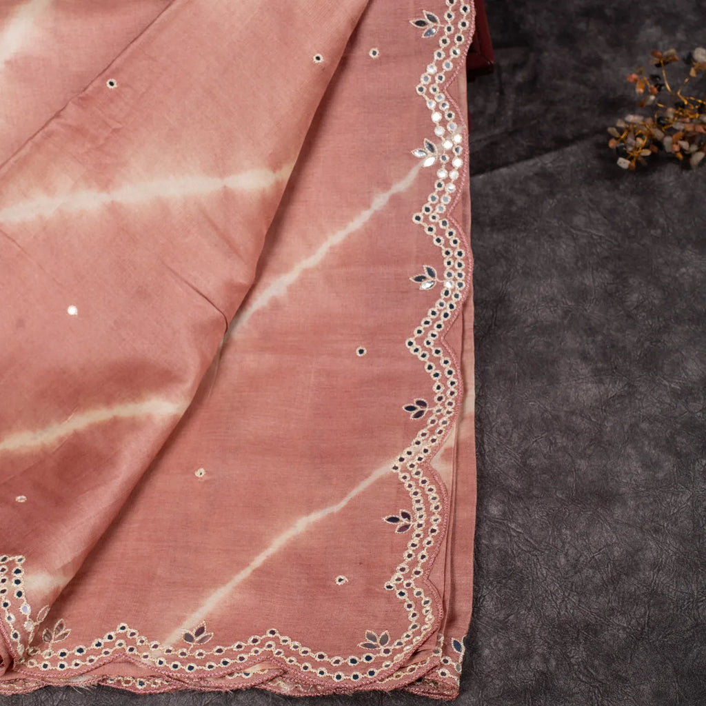 Pure Handloom Tussar Silk Mauve & Off-White Saree with Leheriya Design & Mirror Work - Kleem Boutique