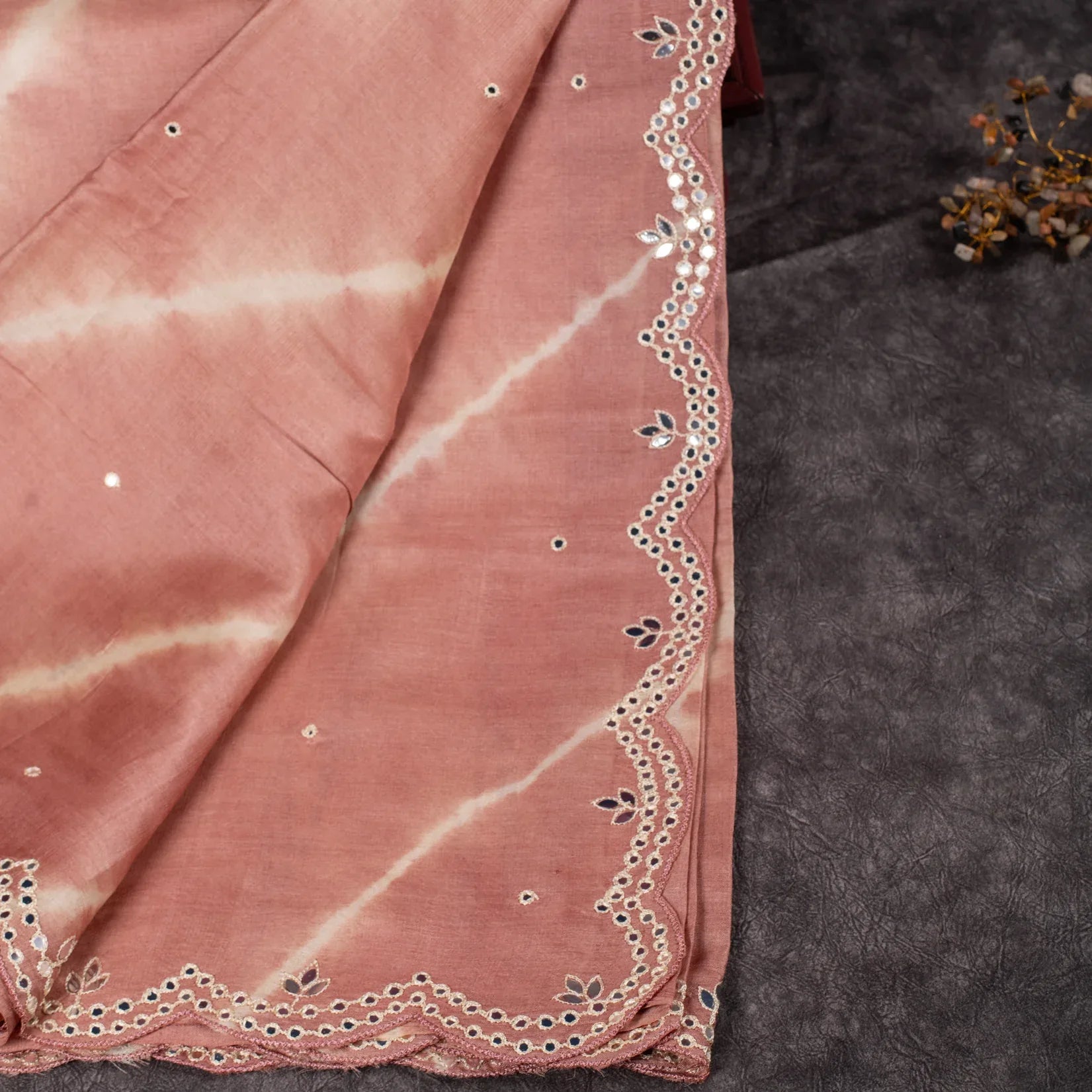 Pure Handloom Tussar Silk Mauve & Off-White Saree with Leheriya Design & Mirror Work - Kleem Boutique