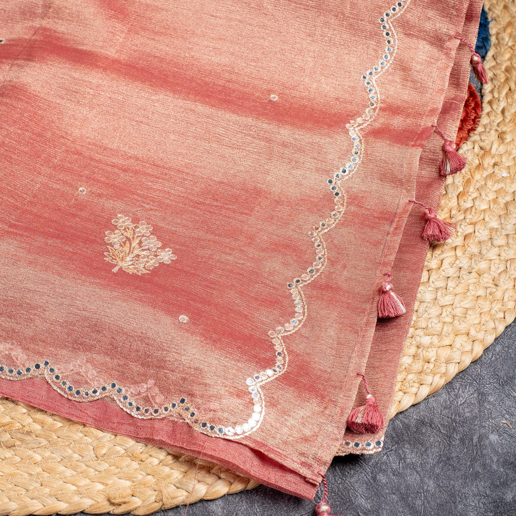 Soft Crushed Tissue Saree with Mirror Work – Rust Colour - Kleem Boutique