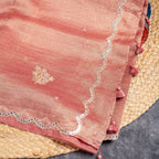 Soft Crushed Tissue Saree with Mirror Work – Rust Colour - Kleem Boutique