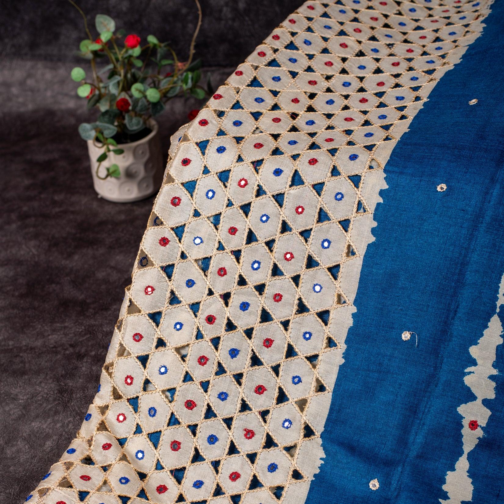 Pure Handloom Tussar Silk Blue & Off-White Saree with Vertical Pattern & Mirror Work - Kleem Boutique