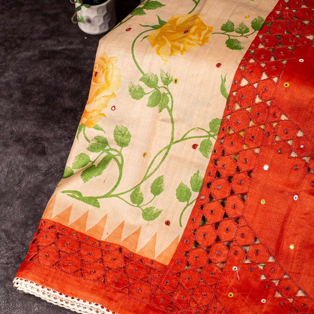 Pure Handloom Tussar Silk Off-White & Orange Saree with Floral Print & Mirror Cutwork - Kleem Boutique