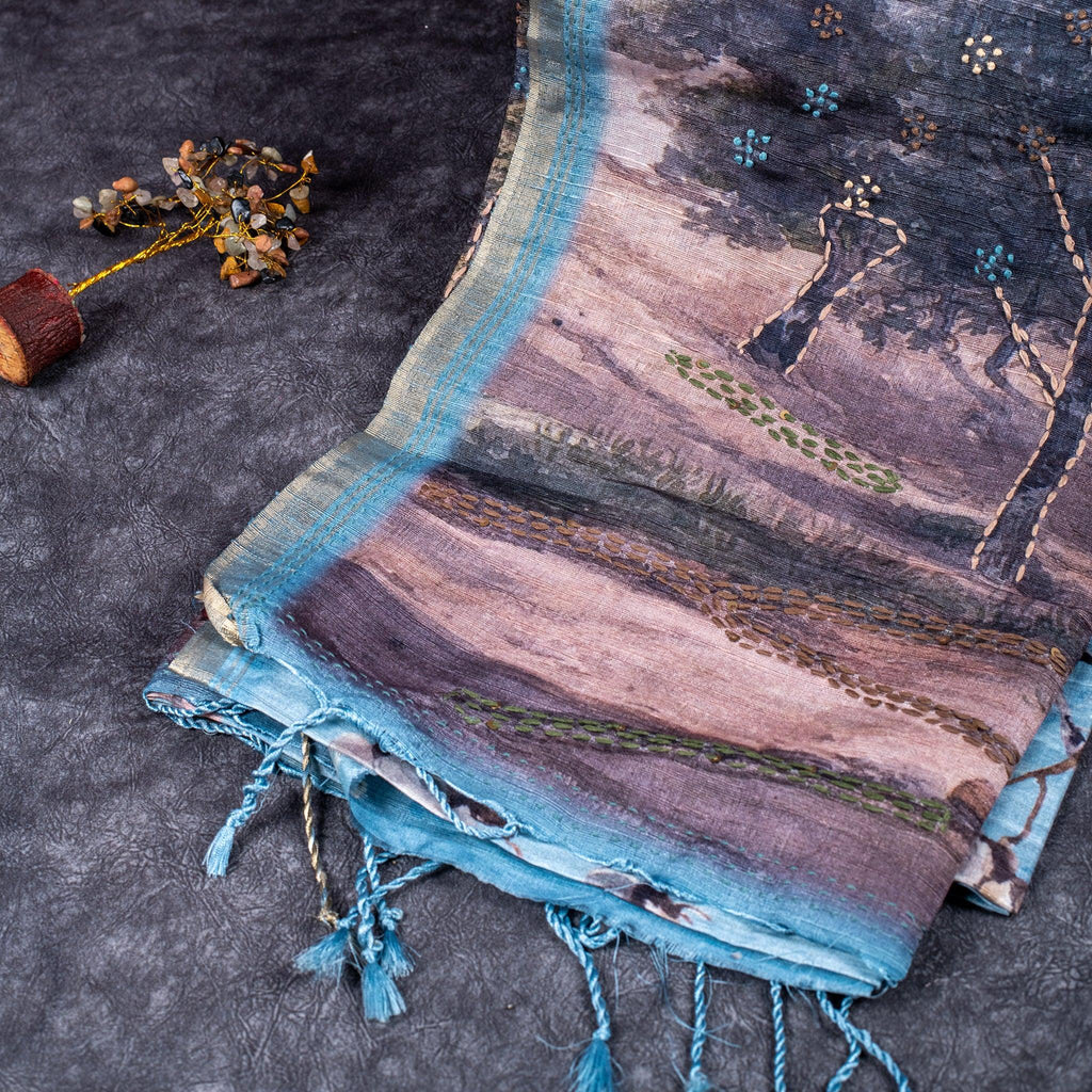 Soft Semi Tussar Silk Saree – Bird & Floral Digital Print - Kleem Boutique