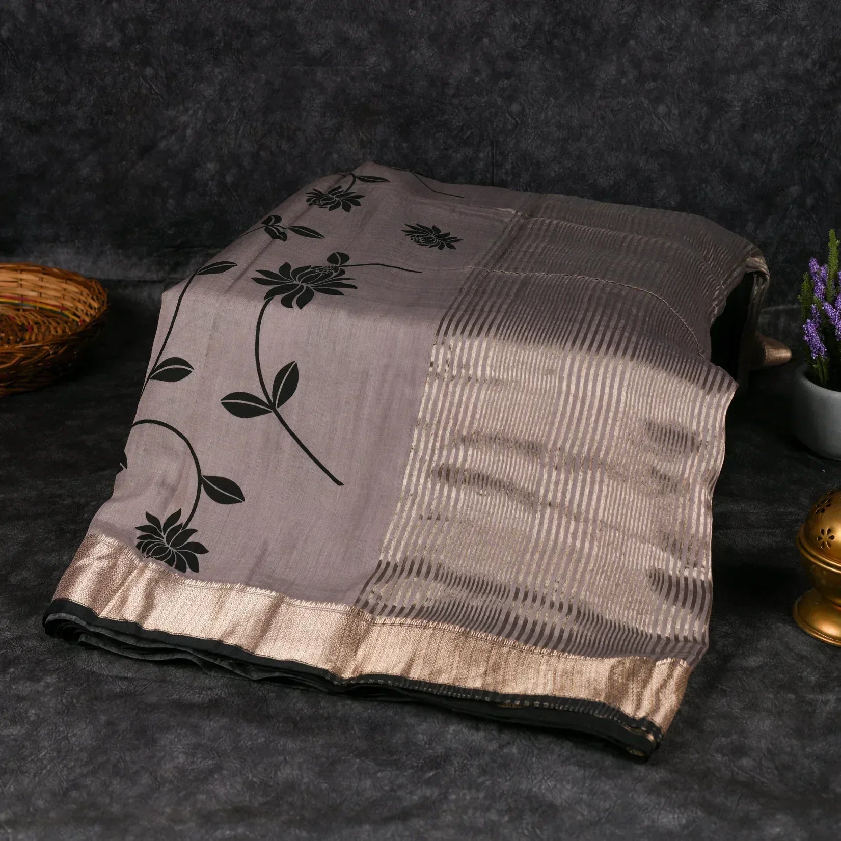 Dola Silk Beige Saree with Antique Zari Border - Kleem Boutique