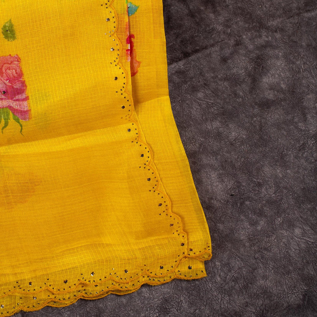 Tussar Kota Yellow Saree with Digital Print & Mukesh Work - Kleem Boutique