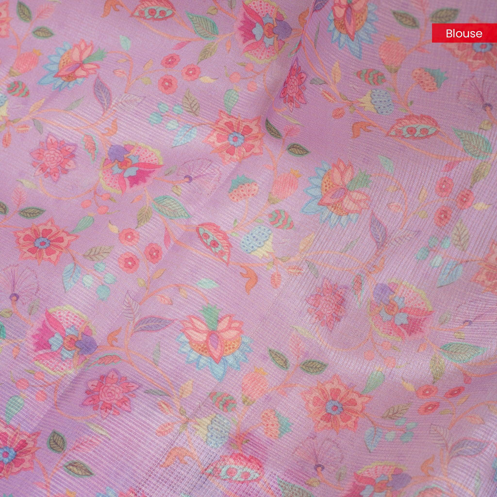 Handloom Kota Silk Saree with Digital Prints – Cream & Lavender - Kleem Boutique
