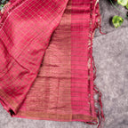Pure Handloom Tussar Silk Deep Wine Maroon Saree with Floral Digital Print & Zari Checks - Kleem Boutique