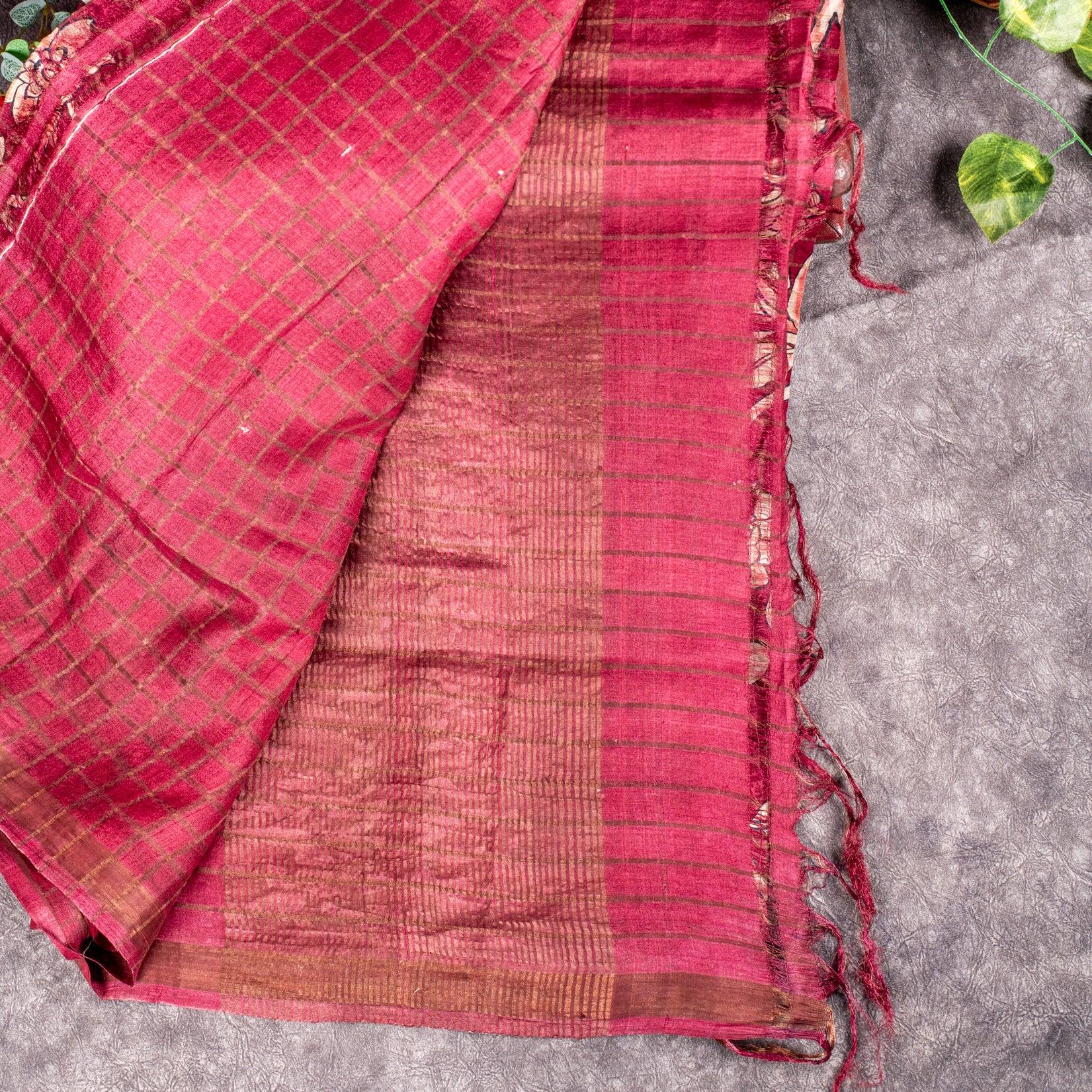 Pure Handloom Tussar Silk Deep Wine Maroon Saree with Floral Digital Print & Zari Checks - Kleem Boutique