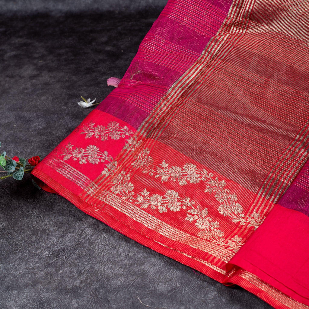 Handloom Cotton Weaving Saree - Cherry Red - Kleem Boutique