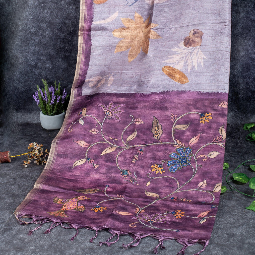 Semi Tussar Silk Saree – Eco Digital Floral & Leaf Print - Kleem Boutique