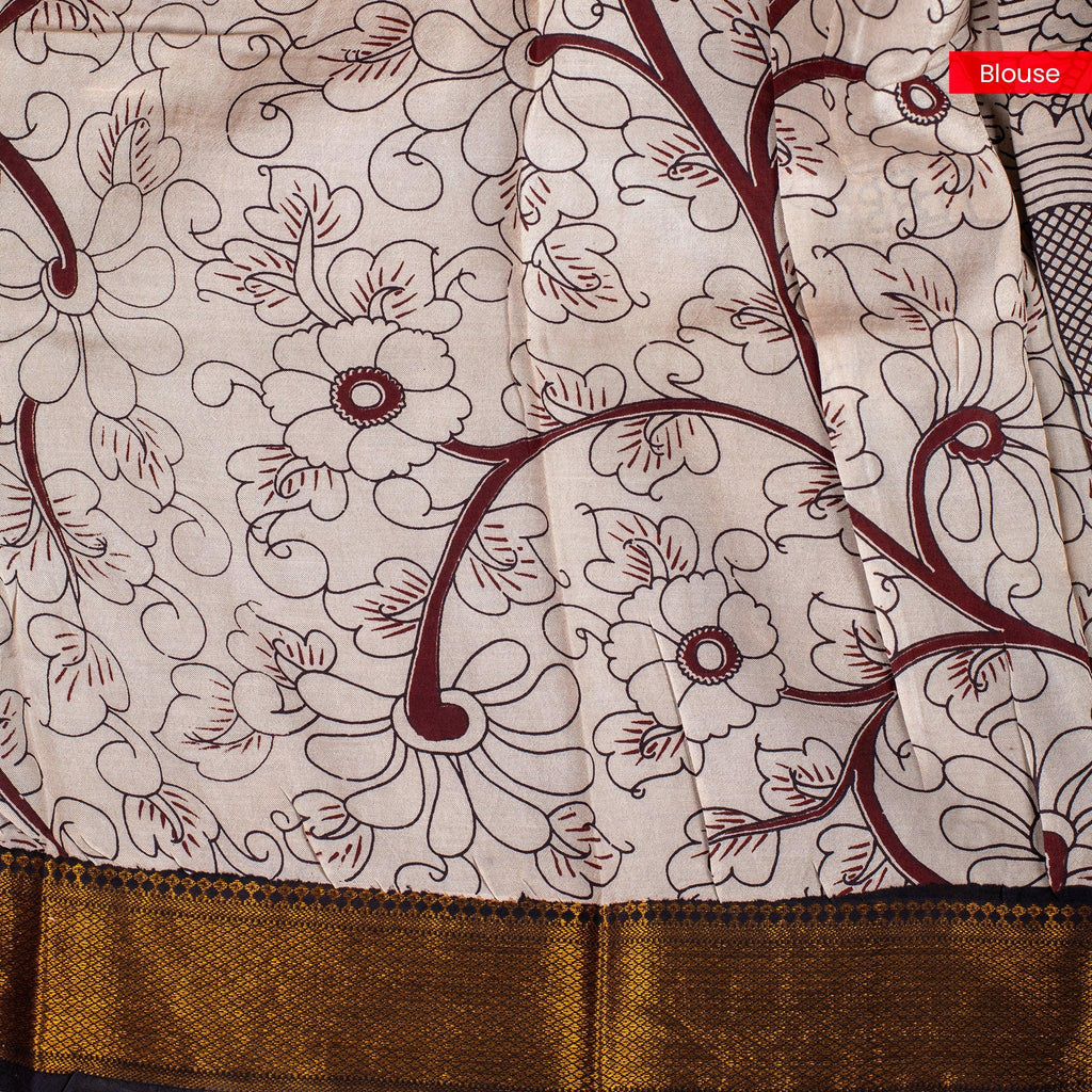 Pure Handloom Nizam Border Silk Saree with Kalamkari Print - Coffee Brown - Kleem Boutique