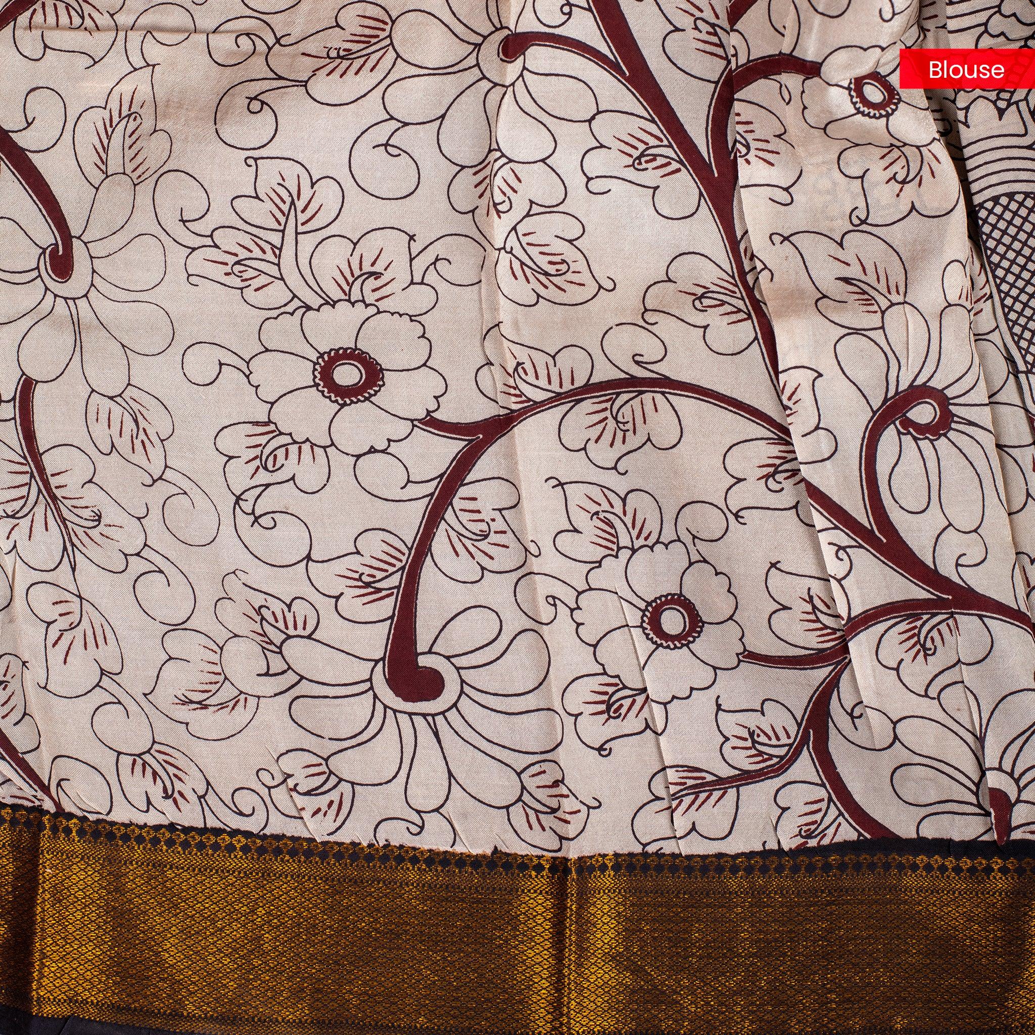 Pure Handloom Nizam Border Silk Saree with Kalamkari Print - Coffee Brown - Kleem Boutique
