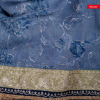 Handloom Georgette Saree with Floral Digital Print & Aari Border – Olive Green