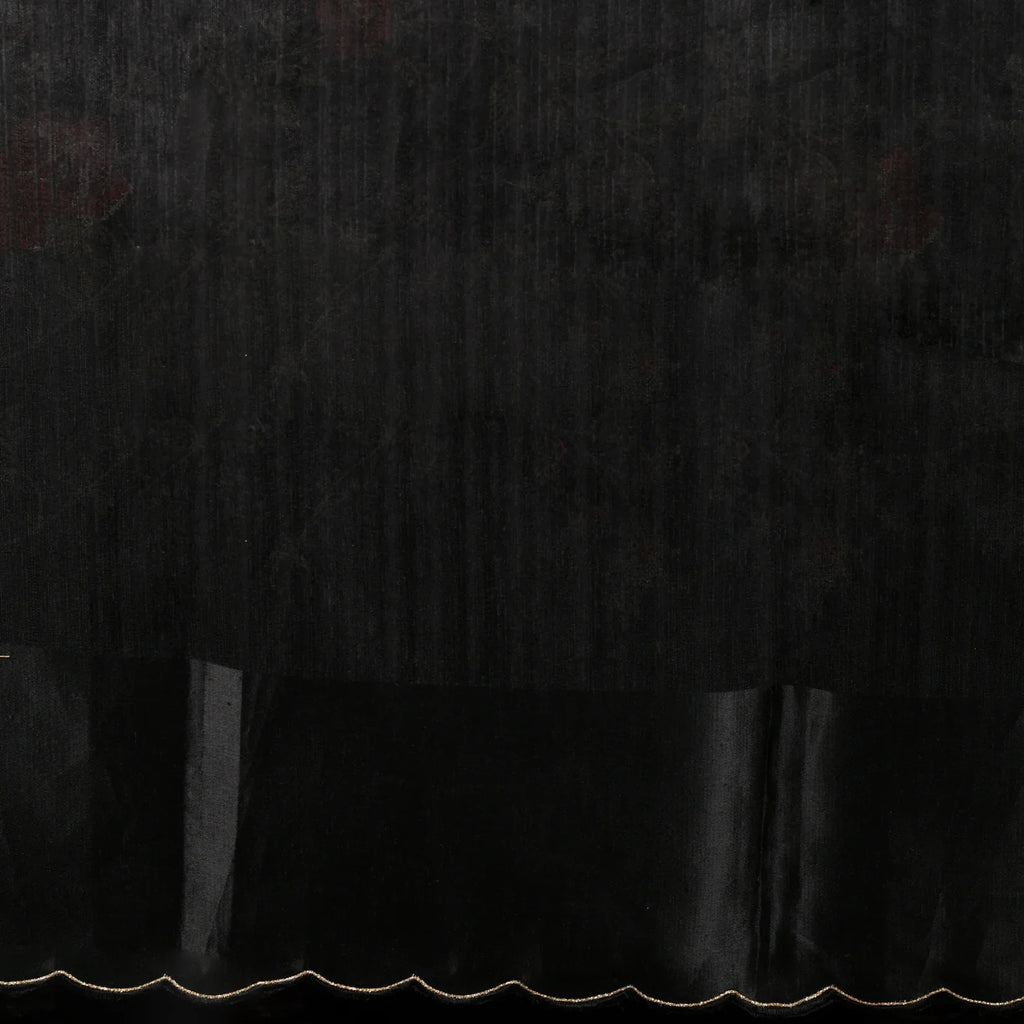 Tussar Jute Black Saree with Cross-Stitch Embroidery and Scallop Border - Kleem Boutique