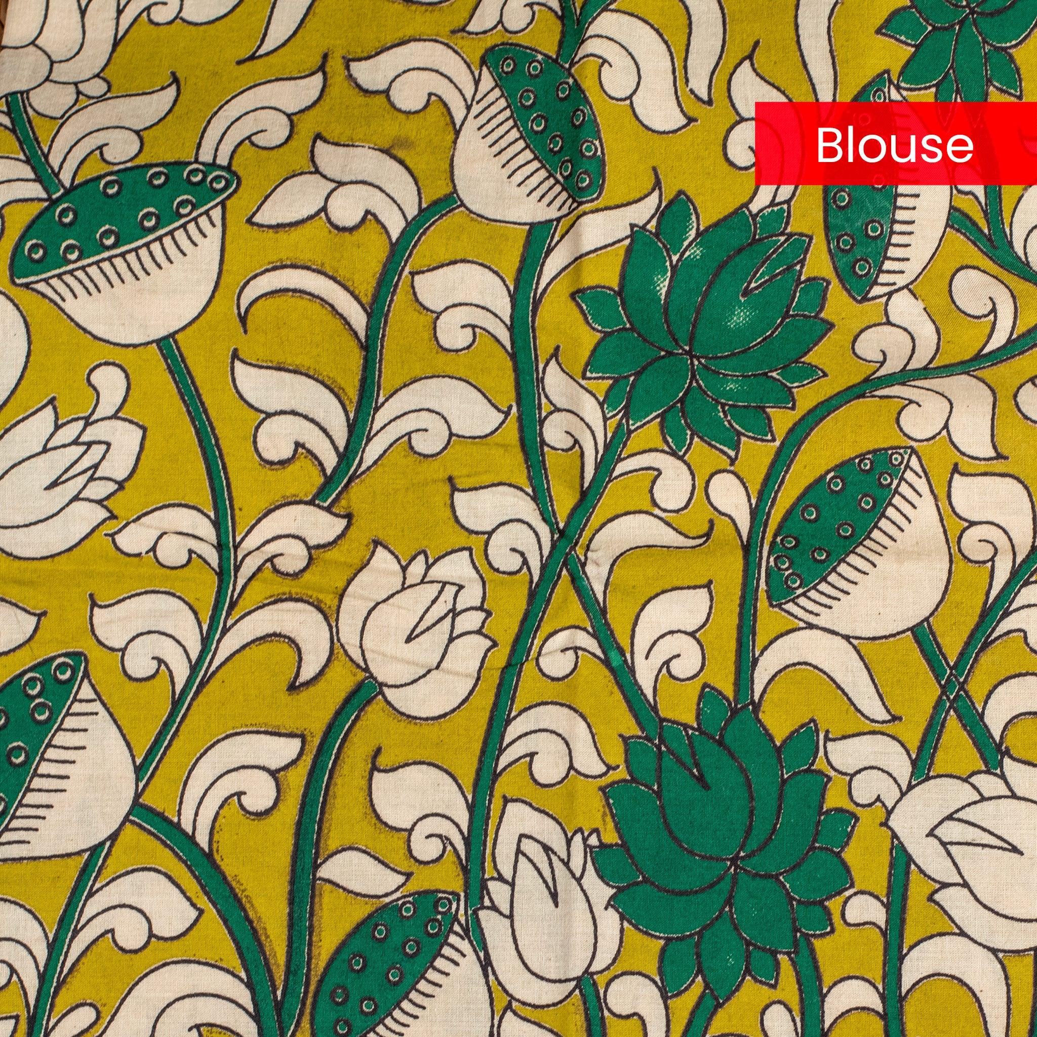 Pure Handloom MG Cotton Saree with Kalamkari Patch Work - Green - Kleem Boutique