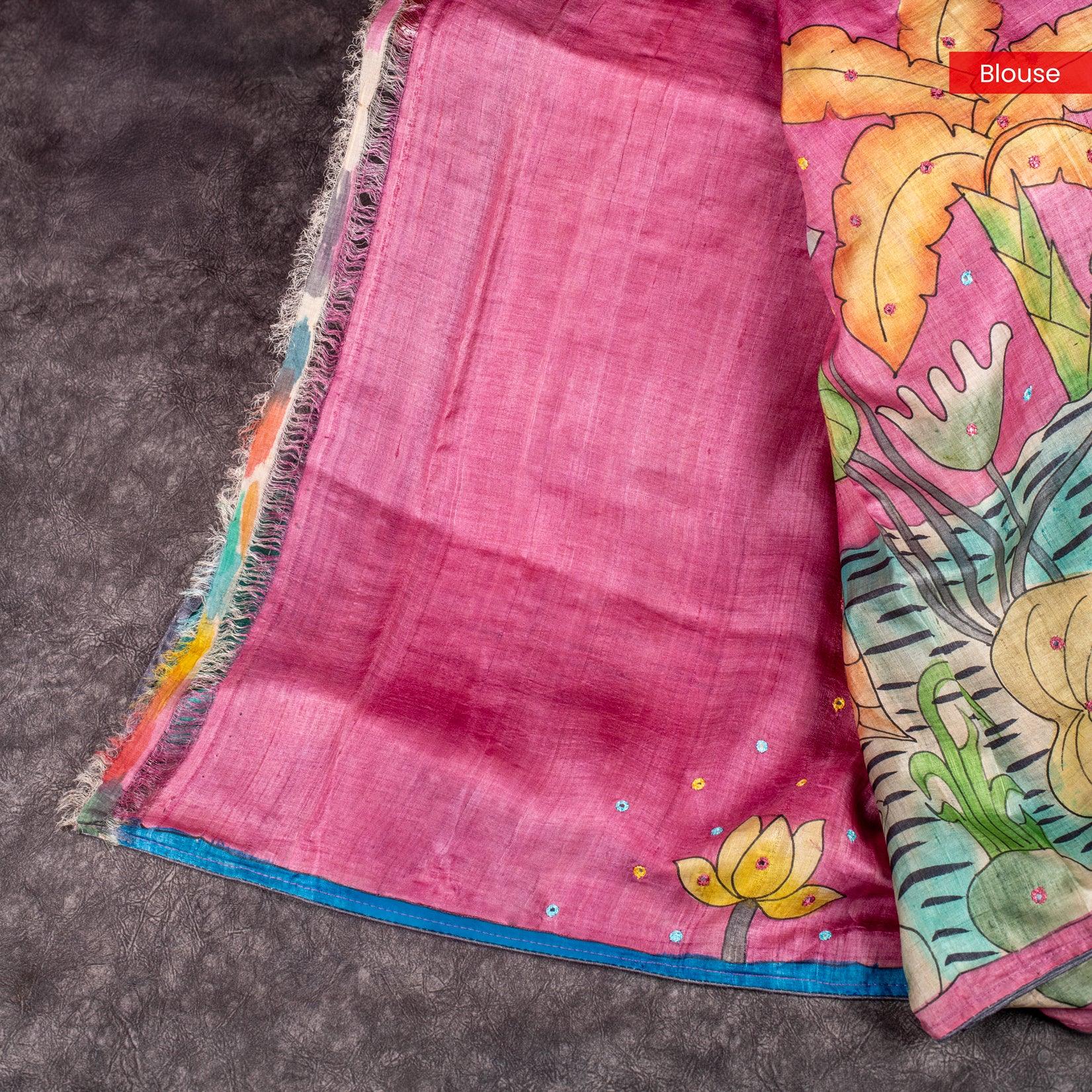 Pure Handloom Tussar Silk Pink Saree with Floral & Bird Digital Print - Kleem Boutique