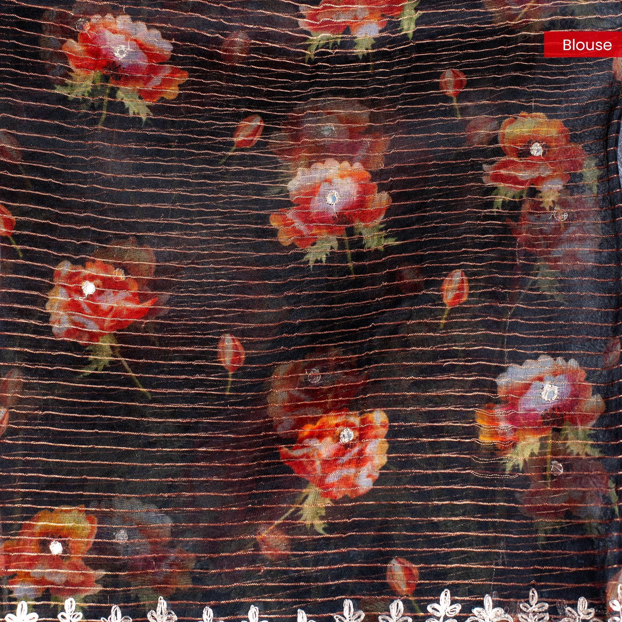 Tissue Organza Saree with Horizontal Zari Lines & Aari Border – Black - Kleem Boutique