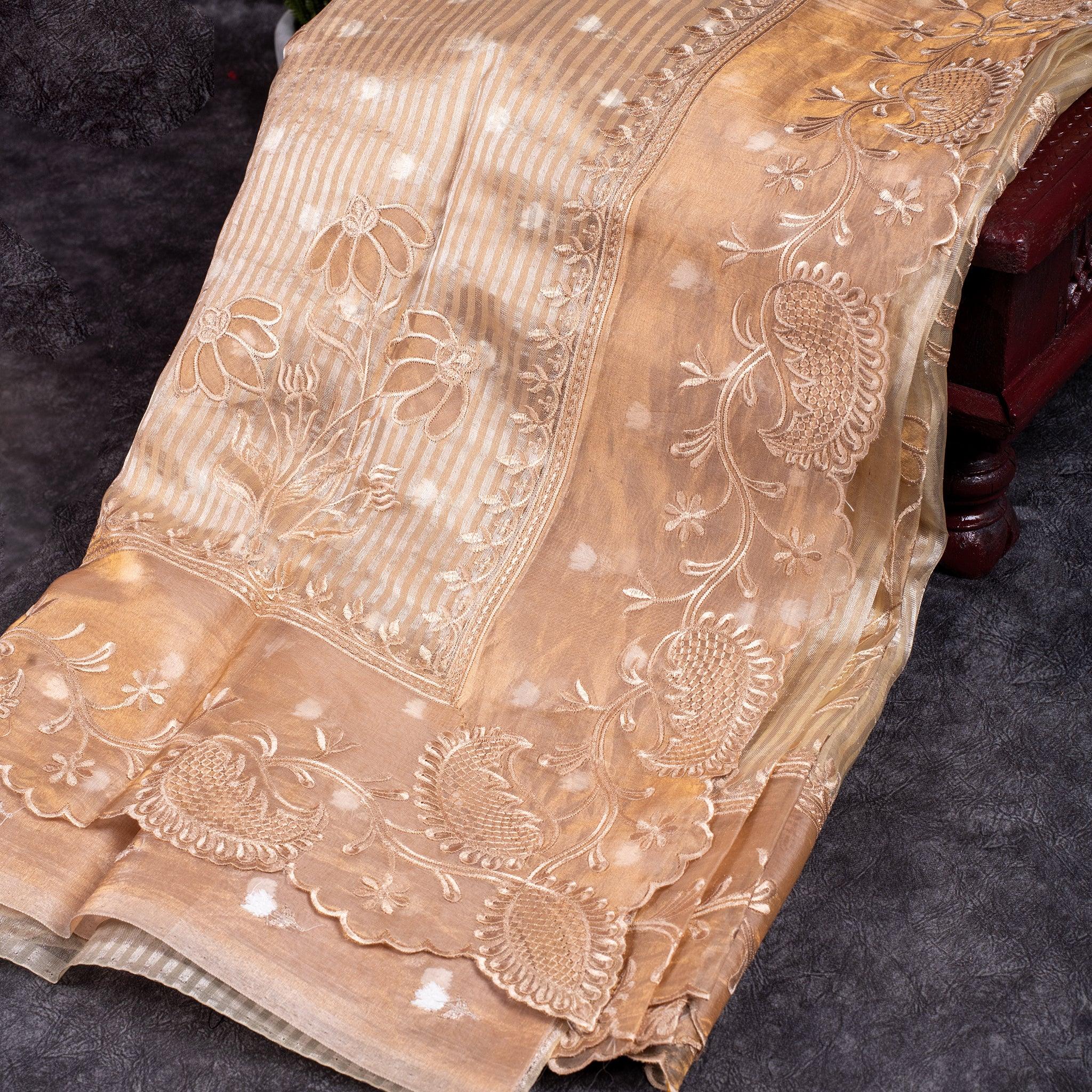 Pure Handloom Tissue Kora Saree – Appliqué & Embroidery Work - Kleem Boutique