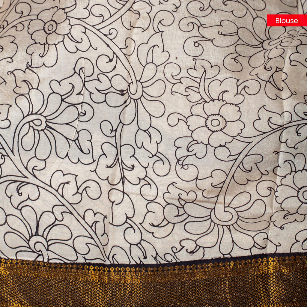 Pure Handloom Nizam Border Silk Saree with Kalamkari Print - Black & Off White - Kleem Boutique